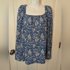 LOFT Womens Blouse Blue Floral Square Neck Long Sleeve Textured  Smocked Boho XL